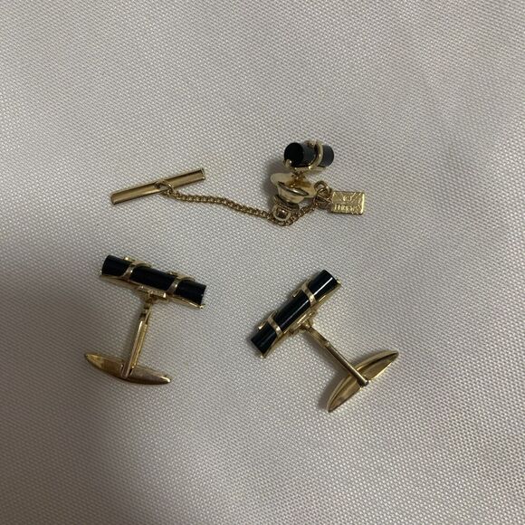Men’s Set Of Black Bars Thin Design Quality Vintage EMMONS Cuff Links And Pin. - Picture 1 of 8